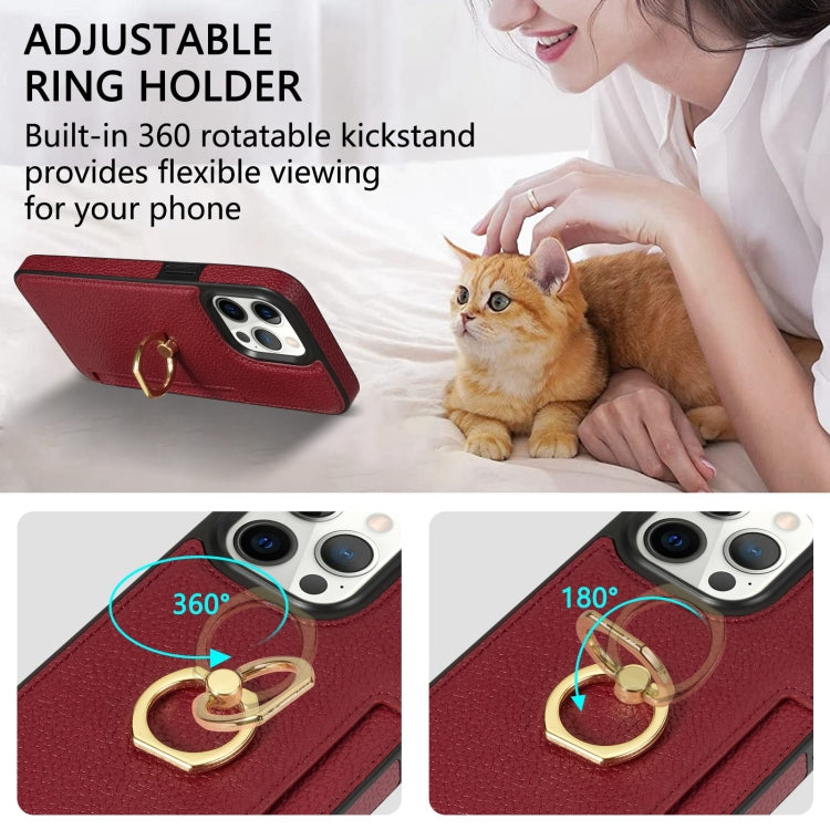 For iPhone 15 Pro Ring Card  Litchi Leather Back Phone Case(Red) - HoMEdemic™ 
