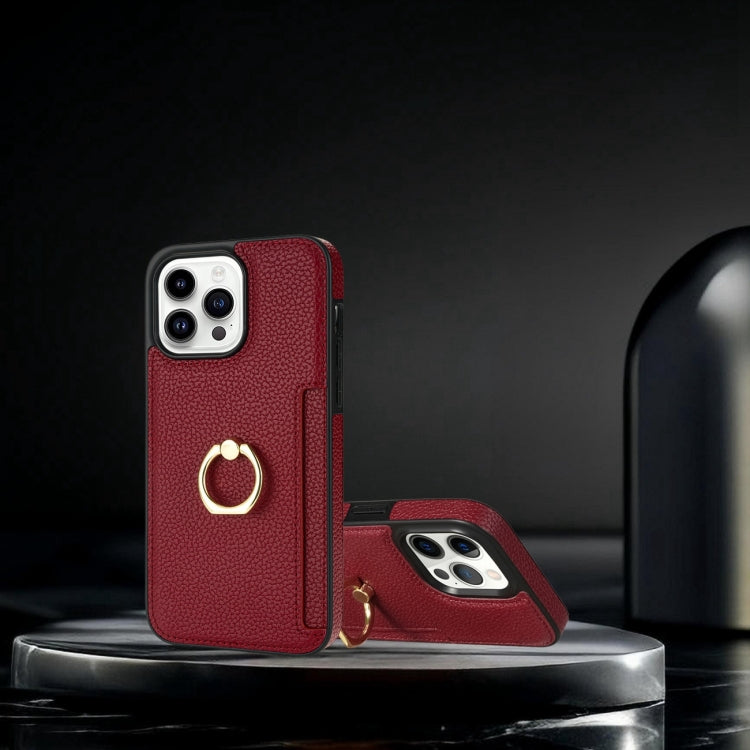 For iPhone 15 Pro Ring Card  Litchi Leather Back Phone Case(Red) - HoMEdemic™ 
