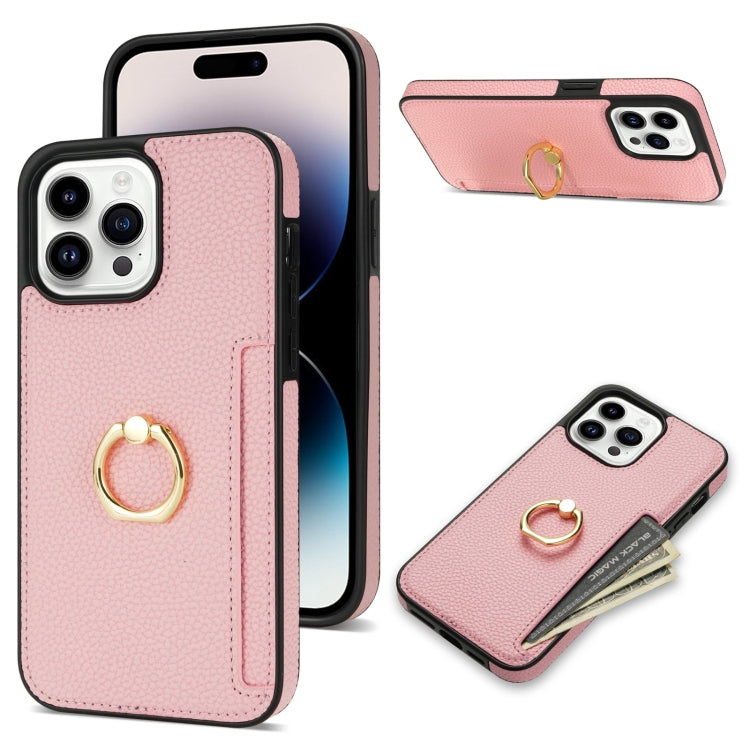 For iPhone 15 Pro Ring Card  Litchi Leather Back Phone Case(Pink) - HoMEdemic™ 