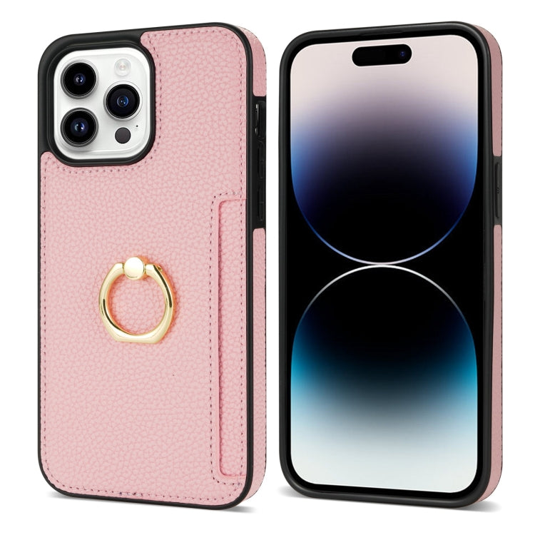 For iPhone 15 Pro Ring Card  Litchi Leather Back Phone Case(Pink) - HoMEdemic™ 