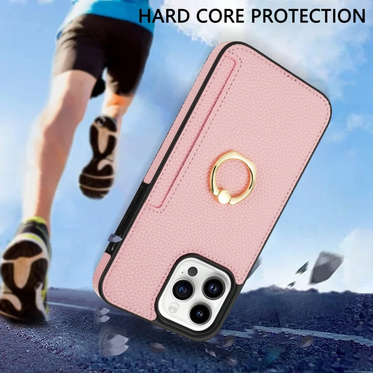 For iPhone 15 Pro Ring Card  Litchi Leather Back Phone Case(Pink) - HoMEdemic™ 