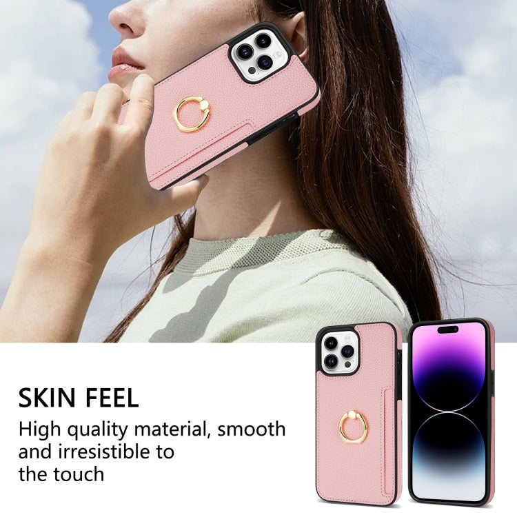 For iPhone 15 Pro Ring Card  Litchi Leather Back Phone Case(Pink) - HoMEdemic™ 