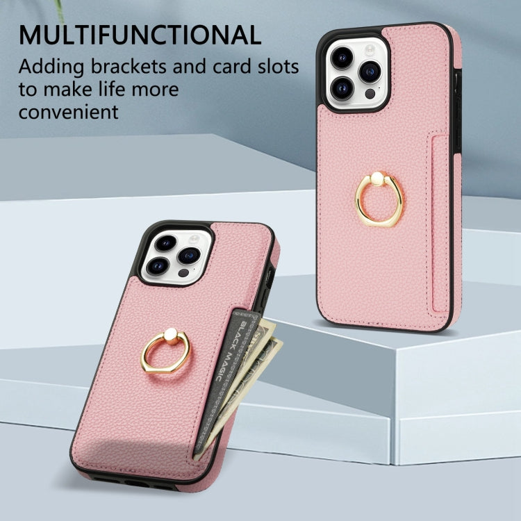 For iPhone 15 Pro Ring Card  Litchi Leather Back Phone Case(Pink) - HoMEdemic™ 