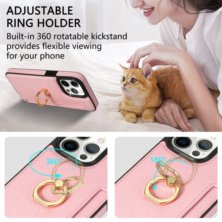 For iPhone 15 Pro Ring Card  Litchi Leather Back Phone Case(Pink) - HoMEdemic™ 