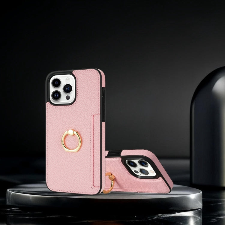For iPhone 15 Pro Ring Card  Litchi Leather Back Phone Case(Pink) - HoMEdemic™ 