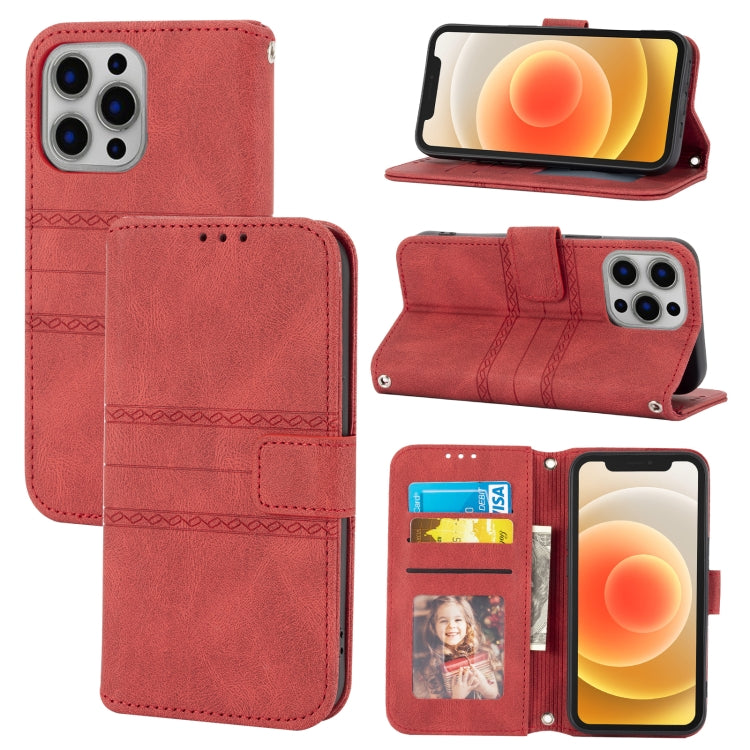 For iPhone 15 Pro Max Embossed Stripes Skin Feel Leather Phone Case(Red) - HoMEdemic™ 