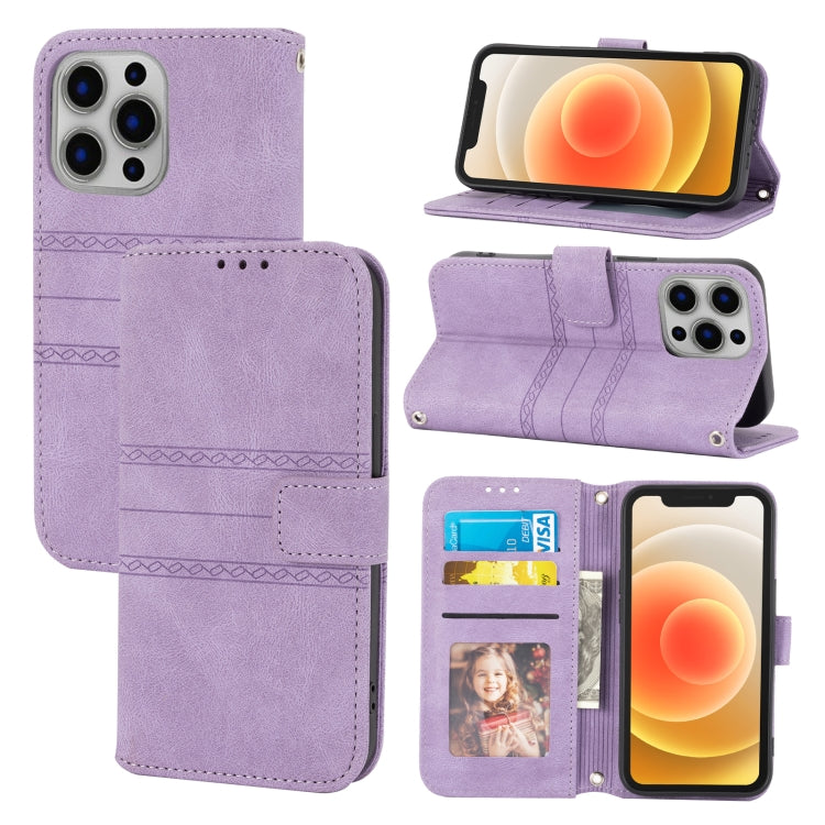 For iPhone 15 Pro Max Embossed Stripes Skin Feel Leather Phone Case(Light Purple) - HoMEdemic™ 