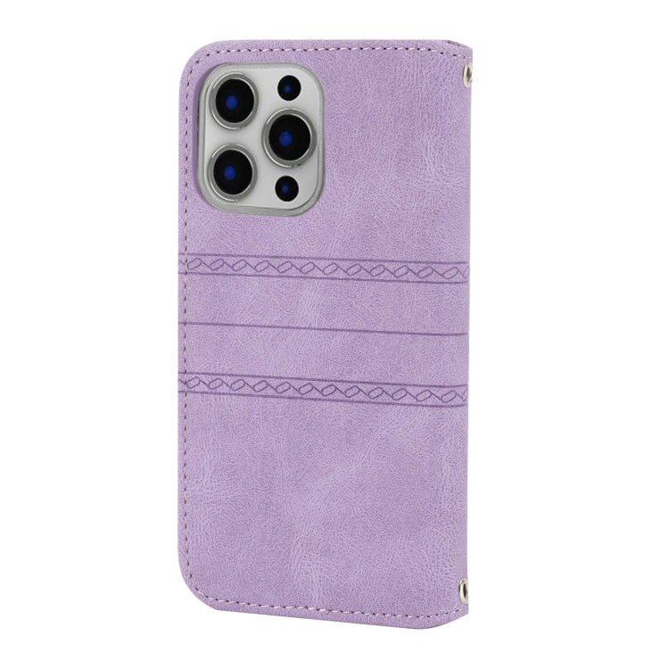 For iPhone 15 Pro Max Embossed Stripes Skin Feel Leather Phone Case(Light Purple) - HoMEdemic™ 