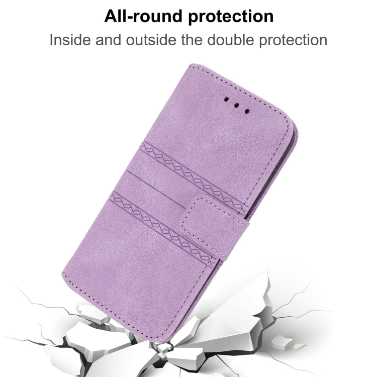 For iPhone 15 Pro Max Embossed Stripes Skin Feel Leather Phone Case(Light Purple) - HoMEdemic™ 