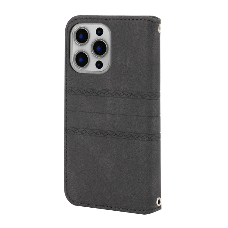 For iPhone 15 Pro Max Embossed Stripes Skin Feel Leather Phone Case(Black) - HoMEdemic™ 