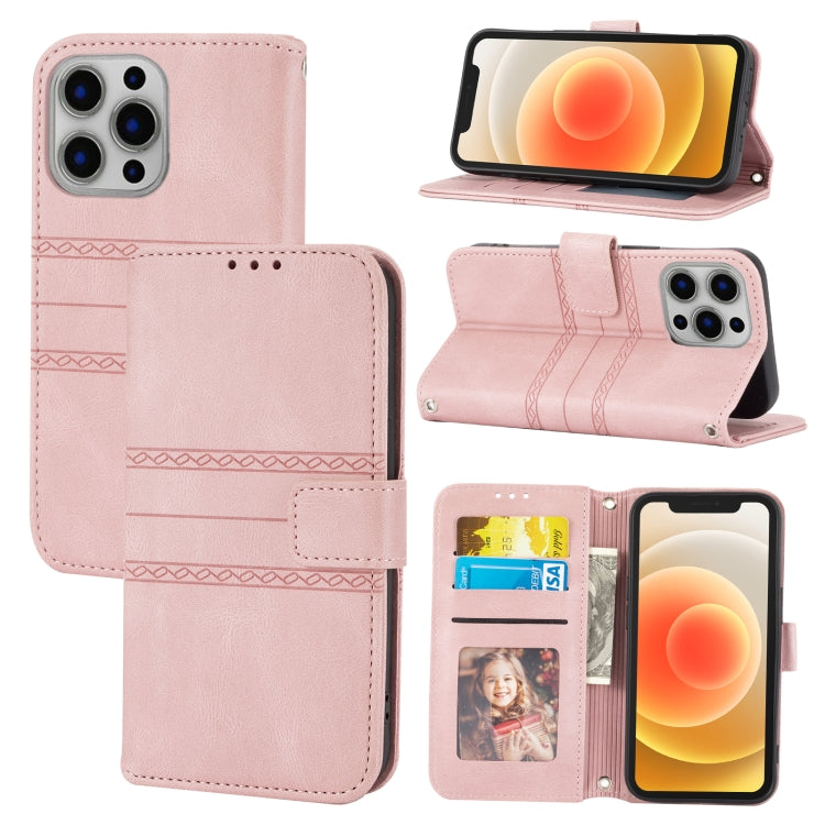 For iPhone 15 Pro Embossed Stripes Skin Feel Leather Phone Case(Pink) - HoMEdemic™ 