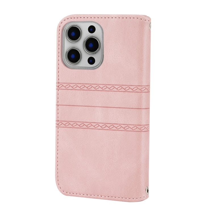 For iPhone 15 Pro Embossed Stripes Skin Feel Leather Phone Case(Pink) - HoMEdemic™ 