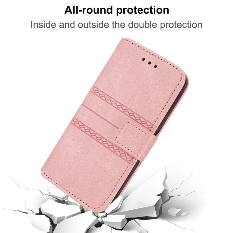 For iPhone 15 Pro Embossed Stripes Skin Feel Leather Phone Case(Pink) - HoMEdemic™ 