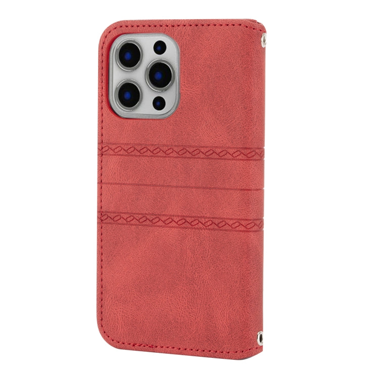 For iPhone 15 Pro Embossed Stripes Skin Feel Leather Phone Case(Red) - HoMEdemic™ 