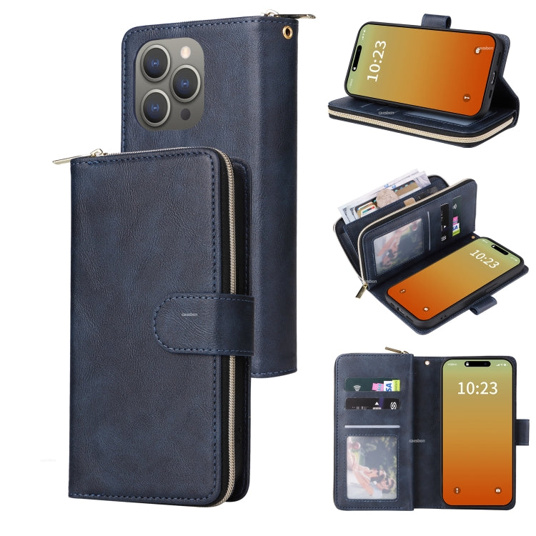 For iPhone 15 Pro 9 Card Slots Zipper Wallet Bag Leather Phone Case(Blue) - HoMEdemic™ 