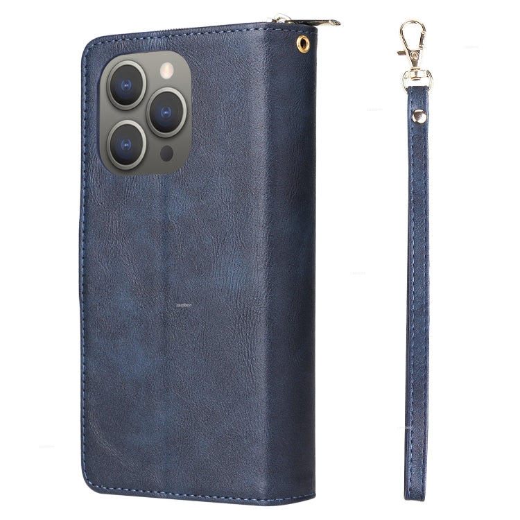 For iPhone 15 Pro 9 Card Slots Zipper Wallet Bag Leather Phone Case(Blue) - HoMEdemic™ 