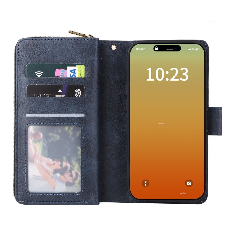 For iPhone 15 Pro 9 Card Slots Zipper Wallet Bag Leather Phone Case(Blue) - HoMEdemic™ 
