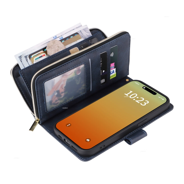 For iPhone 15 Pro 9 Card Slots Zipper Wallet Bag Leather Phone Case(Blue) - HoMEdemic™ 