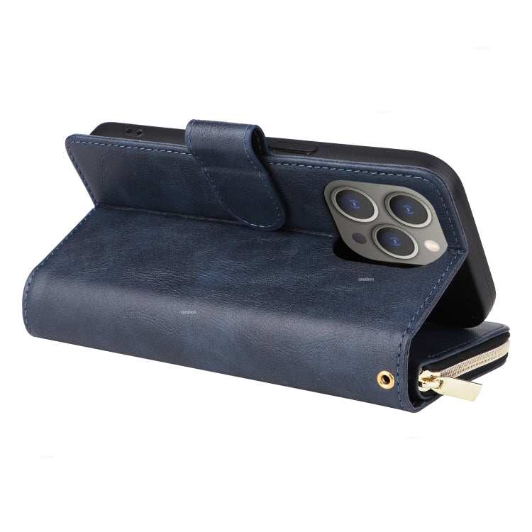 For iPhone 15 Pro 9 Card Slots Zipper Wallet Bag Leather Phone Case(Blue) - HoMEdemic™ 