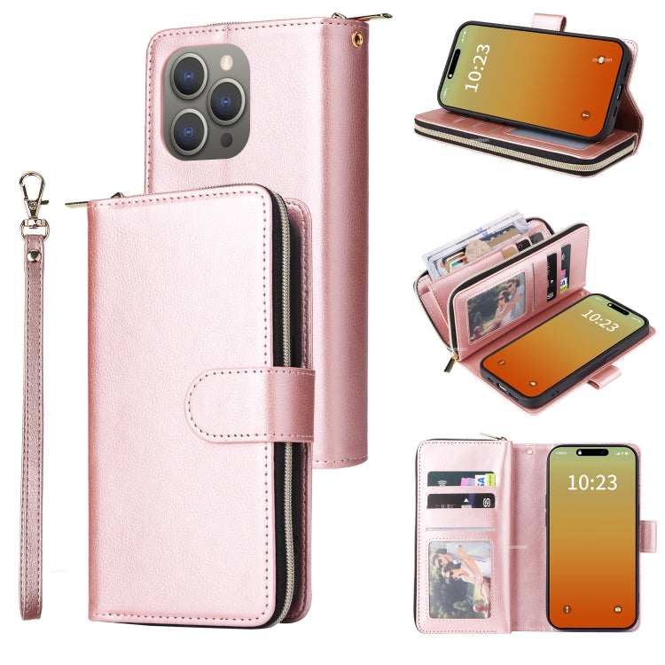 For iPhone 15 Pro 9 Card Slots Zipper Wallet Bag Leather Phone Case(Rose Gold) - HoMEdemic™ 