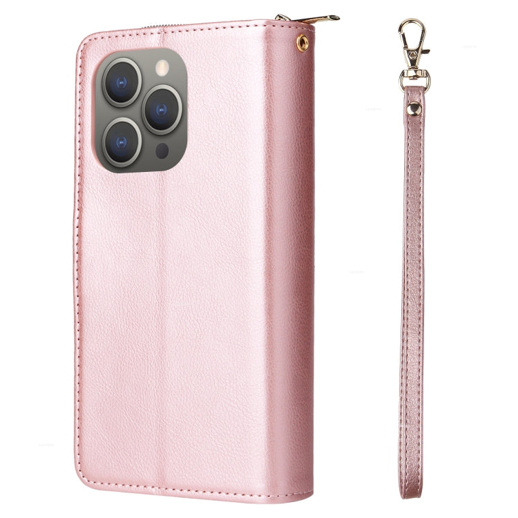 For iPhone 15 Pro 9 Card Slots Zipper Wallet Bag Leather Phone Case(Rose Gold) - HoMEdemic™ 