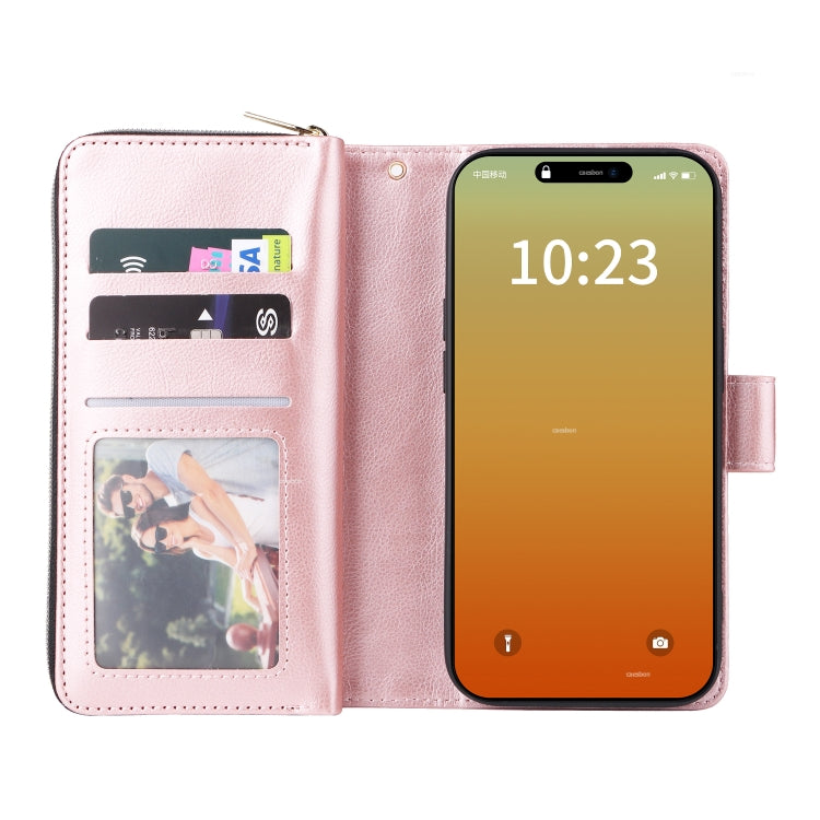 For iPhone 15 Pro 9 Card Slots Zipper Wallet Bag Leather Phone Case(Rose Gold) - HoMEdemic™ 