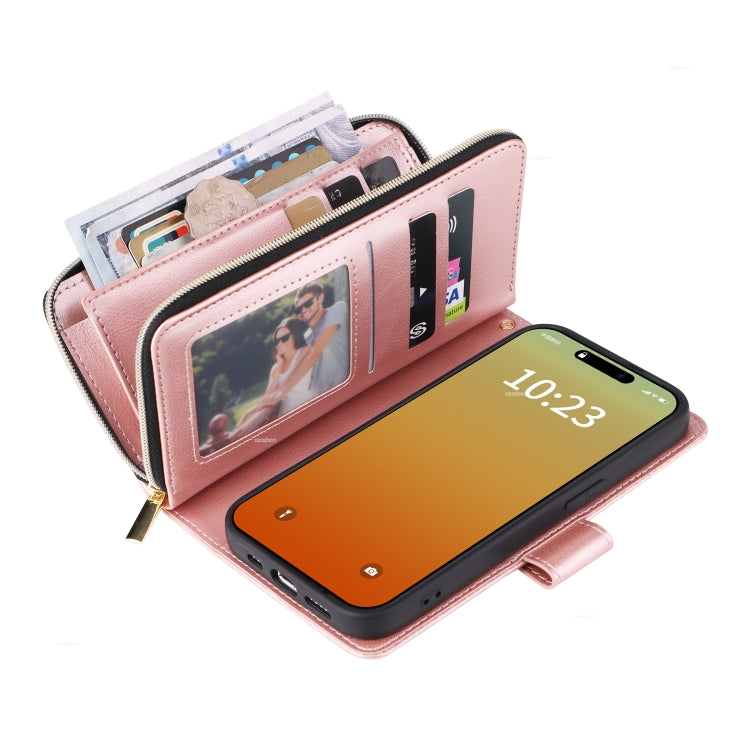 For iPhone 15 Pro 9 Card Slots Zipper Wallet Bag Leather Phone Case(Rose Gold) - HoMEdemic™ 