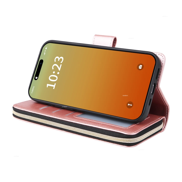 For iPhone 15 Pro 9 Card Slots Zipper Wallet Bag Leather Phone Case(Rose Gold) - HoMEdemic™ 
