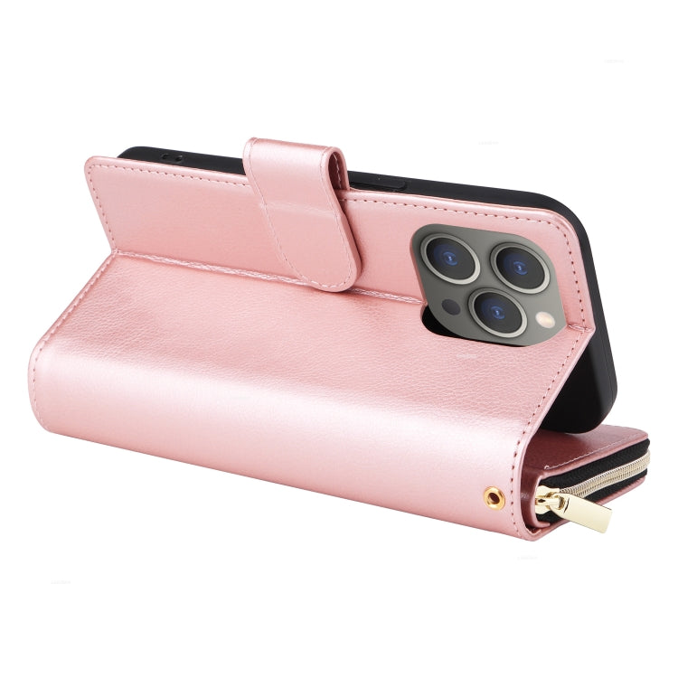 For iPhone 15 Pro 9 Card Slots Zipper Wallet Bag Leather Phone Case(Rose Gold) - HoMEdemic™ 