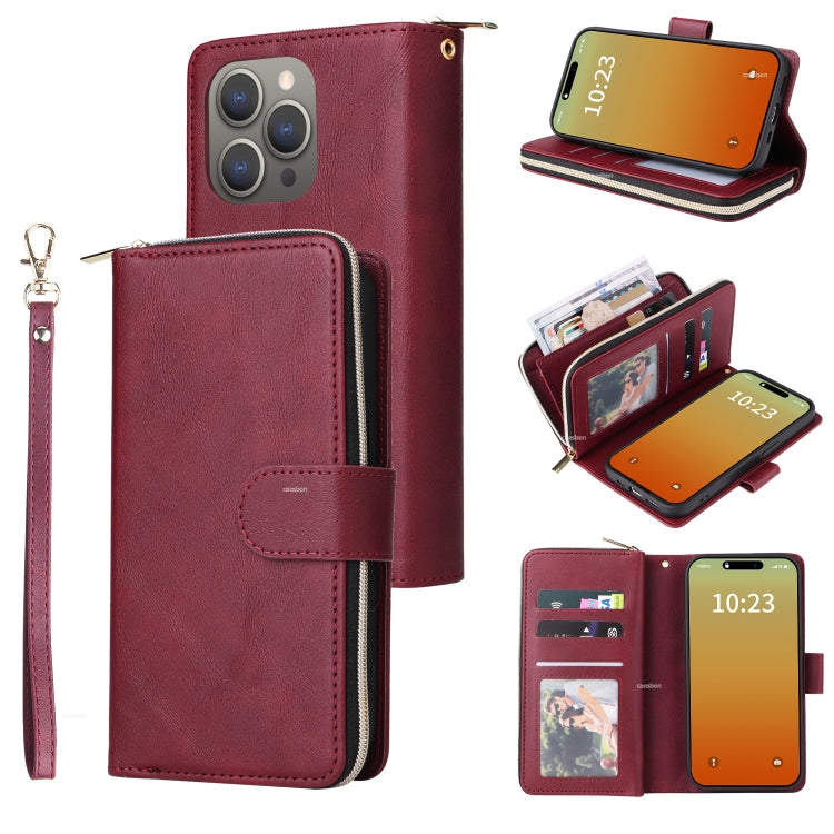 For iPhone 15 Pro 9 Card Slots Zipper Wallet Bag Leather Phone Case(Wine Red) - HoMEdemic™ 