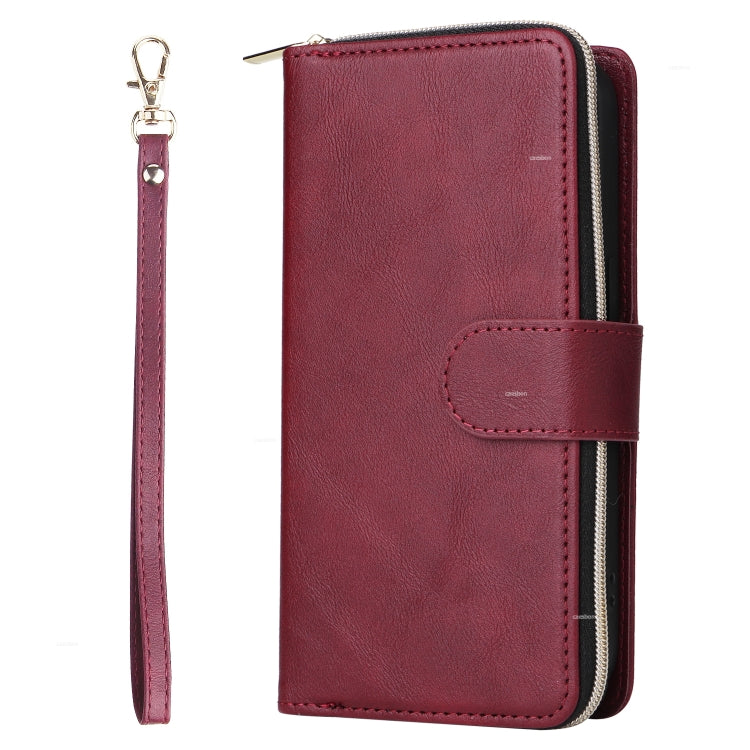 For iPhone 15 Pro 9 Card Slots Zipper Wallet Bag Leather Phone Case(Wine Red) - HoMEdemic™ 