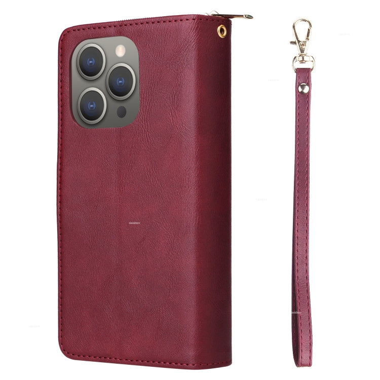 For iPhone 15 Pro 9 Card Slots Zipper Wallet Bag Leather Phone Case(Wine Red) - HoMEdemic™ 