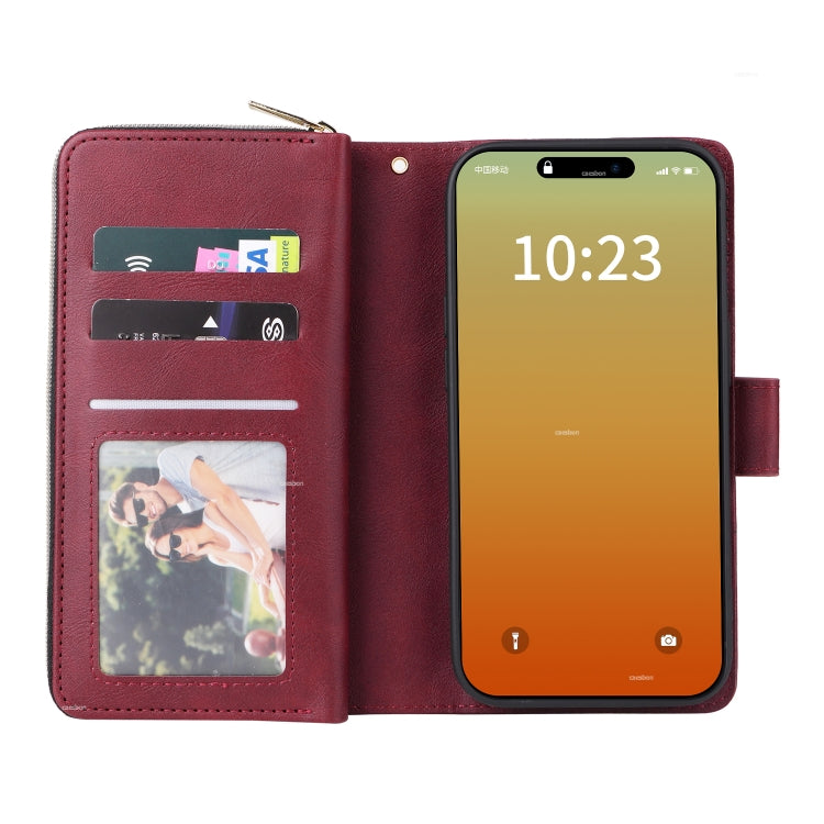 For iPhone 15 Pro 9 Card Slots Zipper Wallet Bag Leather Phone Case(Wine Red) - HoMEdemic™ 