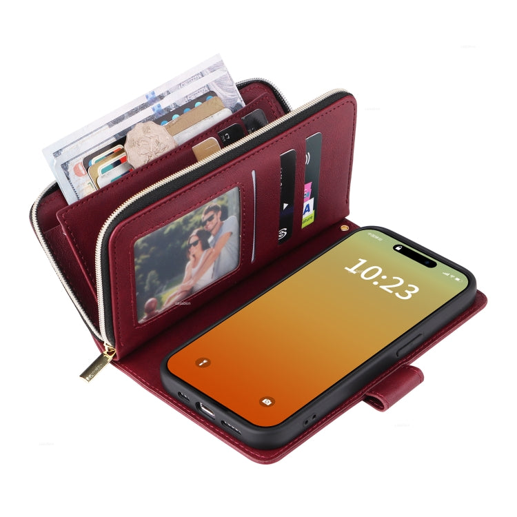 For iPhone 15 Pro 9 Card Slots Zipper Wallet Bag Leather Phone Case(Wine Red) - HoMEdemic™ 