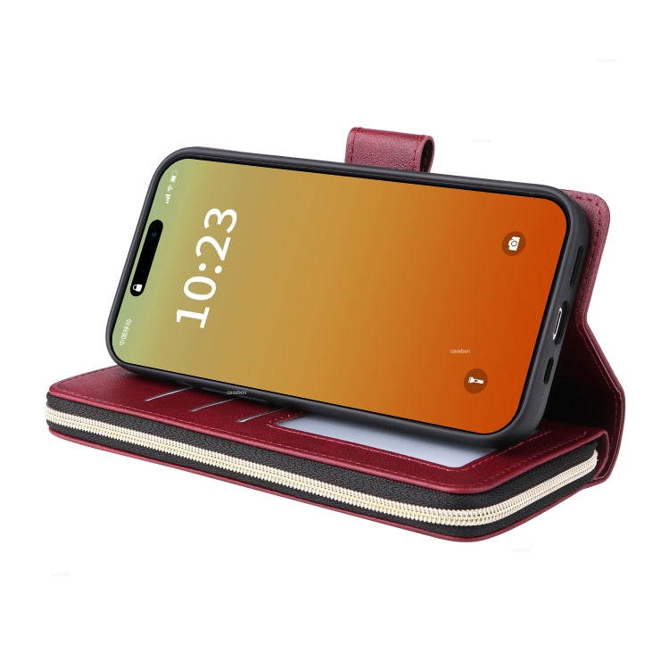 For iPhone 15 Pro 9 Card Slots Zipper Wallet Bag Leather Phone Case(Wine Red) - HoMEdemic™ 