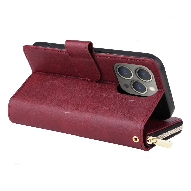 For iPhone 15 Pro 9 Card Slots Zipper Wallet Bag Leather Phone Case(Wine Red) - HoMEdemic™ 