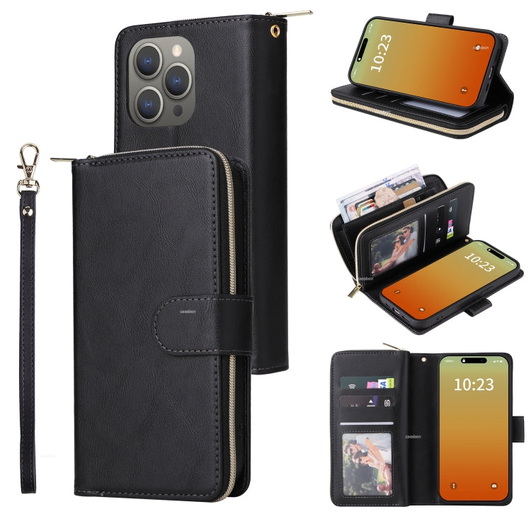 For iPhone 15 Pro 9 Card Slots Zipper Wallet Bag Leather Phone Case(Black) - HoMEdemic™ 