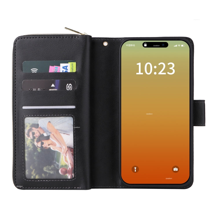 For iPhone 15 Pro 9 Card Slots Zipper Wallet Bag Leather Phone Case(Black) - HoMEdemic™ 