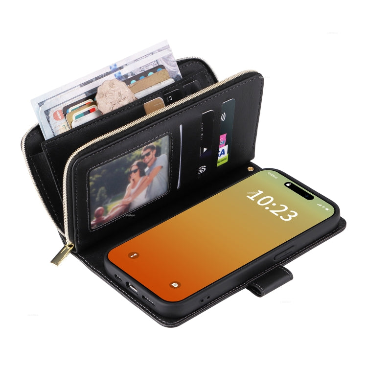 For iPhone 15 Pro 9 Card Slots Zipper Wallet Bag Leather Phone Case(Black) - HoMEdemic™ 