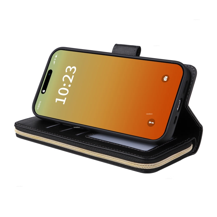 For iPhone 15 Pro 9 Card Slots Zipper Wallet Bag Leather Phone Case(Black) - HoMEdemic™ 