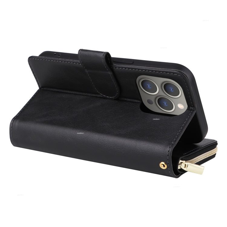For iPhone 15 Pro 9 Card Slots Zipper Wallet Bag Leather Phone Case(Black) - HoMEdemic™ 
