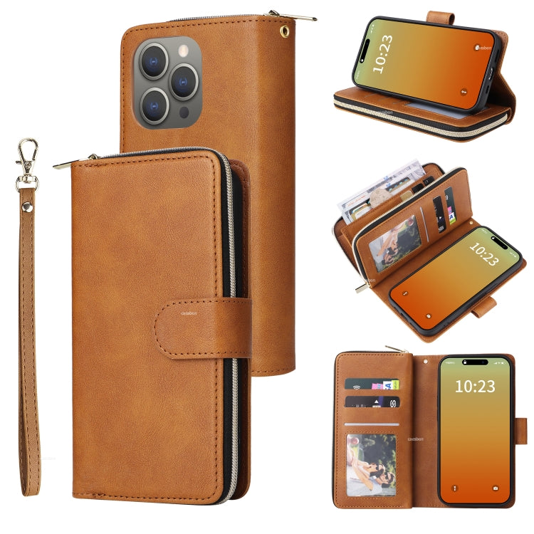 For iPhone 15 Pro 9 Card Slots Zipper Wallet Bag Leather Phone Case(Brown) - HoMEdemic™ 