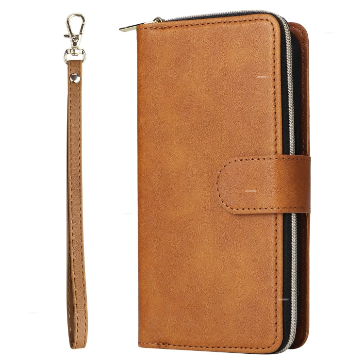 For iPhone 15 Pro 9 Card Slots Zipper Wallet Bag Leather Phone Case(Brown) - HoMEdemic™ 