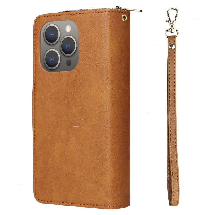 For iPhone 15 Pro 9 Card Slots Zipper Wallet Bag Leather Phone Case(Brown) - HoMEdemic™ 