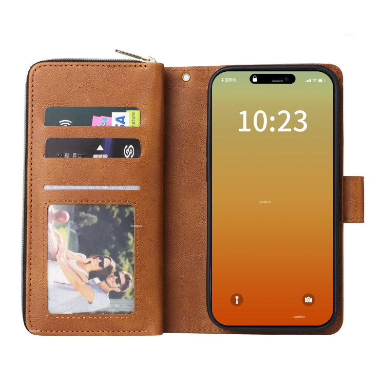 For iPhone 15 Pro 9 Card Slots Zipper Wallet Bag Leather Phone Case(Brown) - HoMEdemic™ 