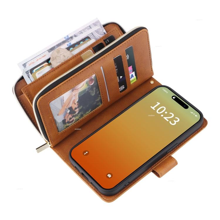 For iPhone 15 Pro 9 Card Slots Zipper Wallet Bag Leather Phone Case(Brown) - HoMEdemic™ 