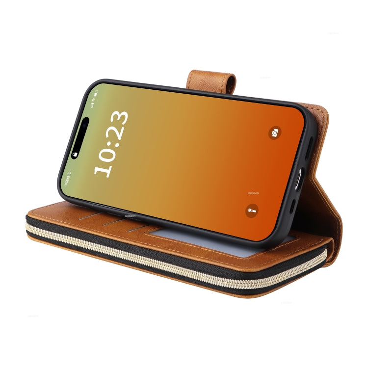 For iPhone 15 Pro 9 Card Slots Zipper Wallet Bag Leather Phone Case(Brown) - HoMEdemic™ 