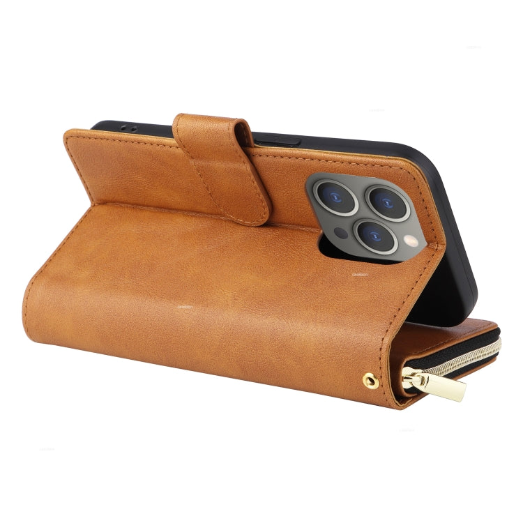 For iPhone 15 Pro 9 Card Slots Zipper Wallet Bag Leather Phone Case(Brown) - HoMEdemic™ 