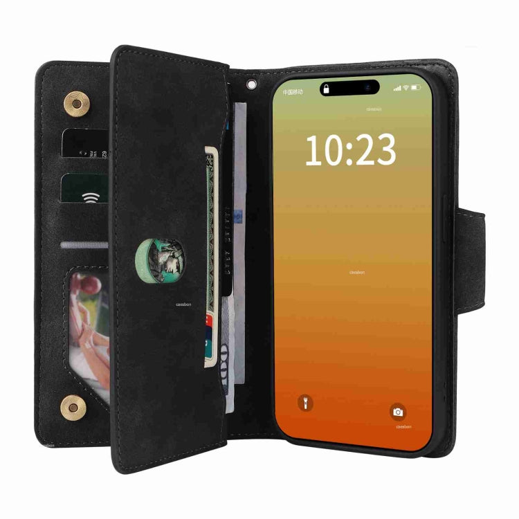 For iPhone 15 Pro Max Rivet Buckle 9 Cards Three Fold Leather Phone Case(Black) - HoMEdemic™ 
