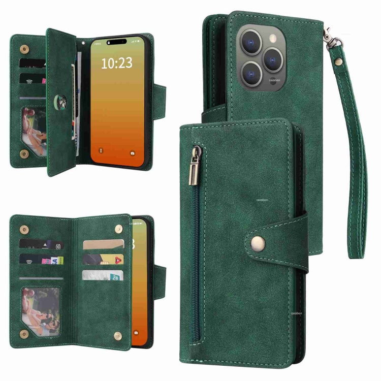 For iPhone 15 Pro Max Rivet Buckle 9 Cards Three Fold Leather Phone Case(Green) - HoMEdemic™ 